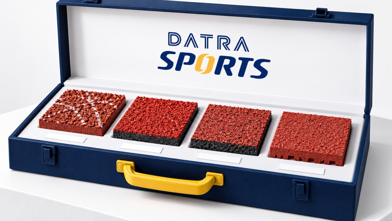 Sampel sistem permukaan lintasan lari Datra Sports dalam kotak presentasi